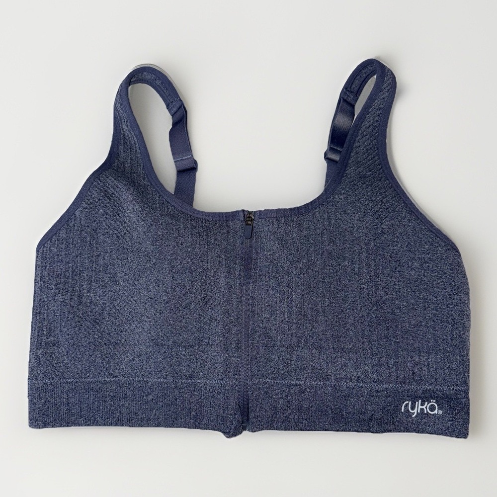 Ryka Zip Front Sports Bra XXL Heather Gray Ribbed Seamless Adjustable Straps